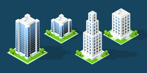 Poster - Isometric High Quality City Building with Shadows on Colored Background . Isolated Vector Elements