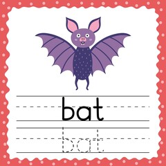 Canvas Print - Tracing words flashcard - Bat. Writing practice for kids. Flash card with simple three letter word