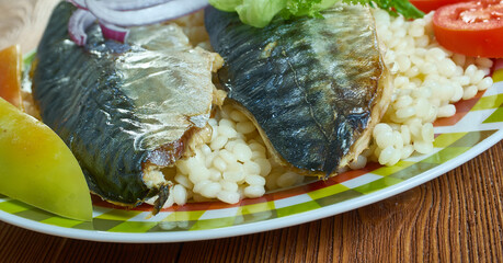 Poster - Israeli  Fried mackerel fish with Ptitim