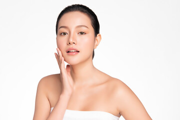 beautiful young asian woman with clean fresh skin on white background, face care, facial treatment, 
