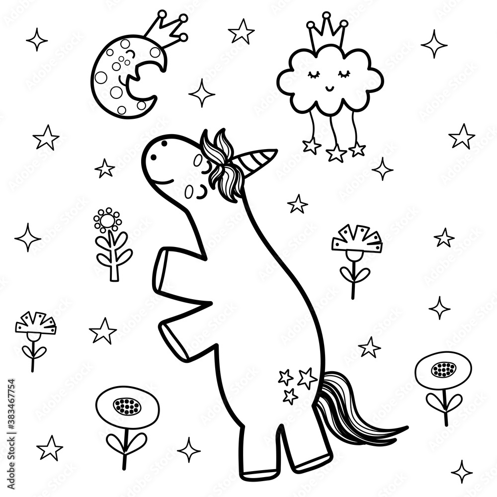 Cute unicorn and sleeping moon coloring page. Fantasy coloring book ...