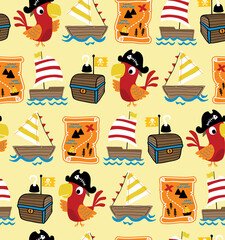 Wall Mural - Seamless pattern vector of pirate theme cartoon with funny cockatoo