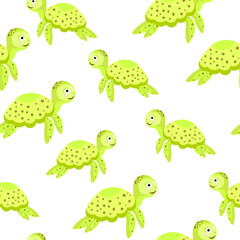 Wall Mural - Seamless pattern with cute funny turtles isolated on white background   Flat cartoon style. Vector illustration. For packaging paper, banner, textile 