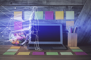 Aufkleber - Desktop computer background in office and start up theme hologram drawing. Double exposure. Startup concept.