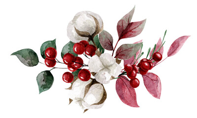 Watercolor composition of cotton berries and leaves. Illustration for the design of stickers, books, postcards