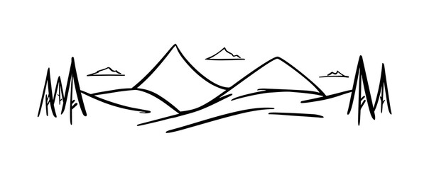 Fototapete - Vector Hand drawn Mountains sketch landscape with hills and pines and clouds.