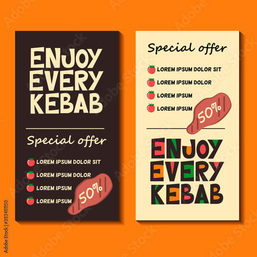 Fotografía Template of a discount flyer for a kebab-cafe or barbecue-cafe on a dark and light background with a funny, amusing grotesque style lettering - Enjoy every kebab