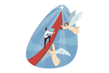 Wall Mural - Religion, christianity, support, startup, goal achievement concept. Angels biblical character helping businessman manager climbing on red arrow to shining star. Divine assistance and reaching purposes
