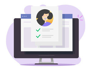 Poster - Personal identity paper form check list document online on desktop computer, pc with customer profile info icon flat cartoon vector illustration, concept of employment or requirement icon design