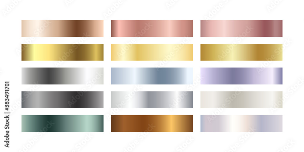Metal chrome gradient color set. Metallic rose gold, bronze, silver ...