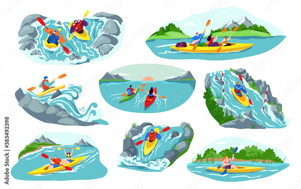 People kayaking vector illustration set. Cartoon flat man woman active kayaker characters canoeing, sitting in kayak boat, holding paddles and rafting. Water sport extreme activity isolated on white - obrazy, fototapety, plakaty 