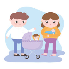 Poster - pregnancy and maternity, parents with baby and little boy in the pram