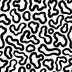 Poster - Fluid amorphous forms vector seamless pattern. Hand drawn black brush strokes. Organic irregular circular lines with circles. Hand drawn black and white organic shapes texture. Grunge squiggle lines 