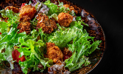 Sticker - Caesar salad with croutons, cheese, eggs, tomatoes and grilled chicken on wooden table.