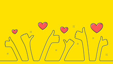 Thumbs Up Hands Yellow Background. Continuous Line Hands With Like Sign. Good Feedback, Customer Thumb Up, Positive Work. Business Successful Teamwork, People Show Like. Single Continuous Line Vector
