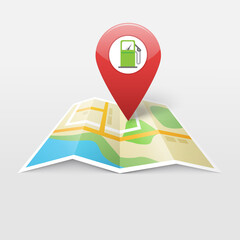 Poster - Gas petrol fuel station on map location pointer marker vector illustration, gasoline fuel navigation gps pin, refill pump position direction city roadmap sign modern design