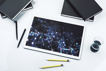 Poster - Creative abstract wireless technology hologram on modern digital tablet display, artificial intelligence and machine learning concept. Top view. 3D Rendering