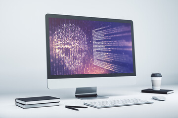 Poster - Creative code skull sketch on modern laptop monitor, theft of personal data and malware concept. 3D Rendering