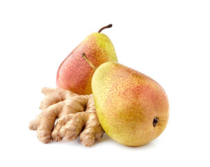 Pears with ginger on a  white background isolated.