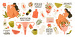 Set of menstruation, period, female uterus, reproductive system stickers. Zero waste objects. Women with flowers, panties, pads, cups, tampons, calendar, womb in cartoon vector illustration isolated.