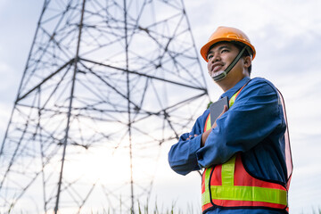 Wall Mural - asian engineering wear safety clothes and embrace the tablet with confidence in the quality of elect