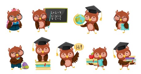 Wall Mural - Funny Owl in Glasses Carrying Pile of Books and Holding Globe Vector Set