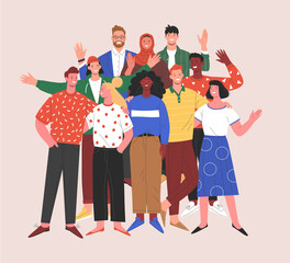 Wall Mural - Multinational team. Vector illustration of diverse young adult people standing together  and waving their hands. Isolated on background