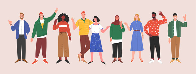 Wall Mural - Multinational team. Vector illustration of diverse young adults standing in a line and waving their hands. Isolated on background