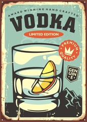 Poster - Glass of vodka with lemon slice retro poster decoration for cafe bar or pub. Alcoholic drink vintage sign vector template.