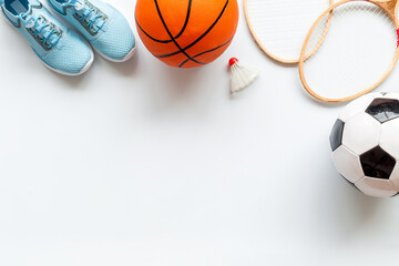 Wall Mural - Flat lay of sport balls and rackets on white background. Above view, copy space