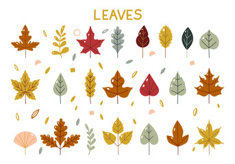 Wall Mural - Autumn leaves fall. Set of colorful leaves. Simple cartoon flat style. vector illustration. Hand drawn illustration. Design for poster, kitchen textiles, clothing and website.