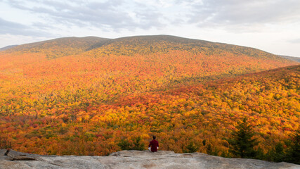 Wall Mural - Back view of a young man with a lumberjack shirt sitting on the edge of a rock and admiring the beautiful autumnal colors in the Mont-Megantic national park, Canada