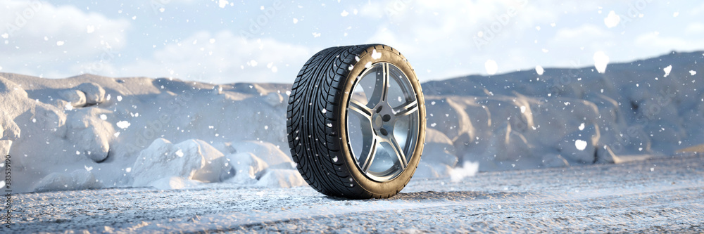 Single winter tire in the snow in winter - obrazy, fototapety, plakaty 