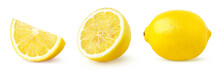Set Of Whole, Half And Slice Of Lemon Fruit Isolated On White Background