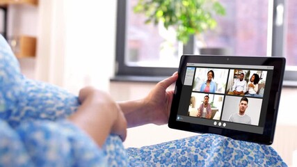 Poster - pregnancy, technology and people concept - happy pregnant woman with tablet pc computer having video call with friends at home