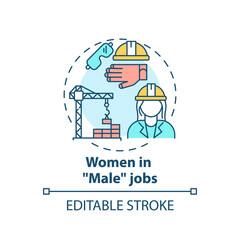 Leinwandbilder - Women in male jobs concept icon. Changing gender roles. Hard working female. Girl getting money idea thin line illustration. Vector isolated outline RGB color drawing. Editable stroke
