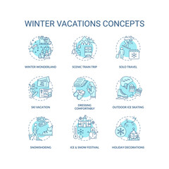 Canvas Print - Winter vacations concept icons set. Holiday pastime idea thin line RGB color illustrations. Solo travel. Snowshoeing. Scenic train trip. Vector isolated outline drawings. Editable stroke