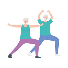 Sticker - activity seniors, old man and woman stretching exercises sport