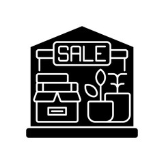 Sticker - Garage sale black glyph icon. Local flea market. Selling second hand and used goods at low price. Street sale silhouette symbol on white space. Junk shop with cheap items. Vector isolated illustration