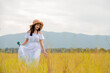 © Tawan - Portrait of asian woman in white dress with guitar ukulele enjoying life on  meadow at park