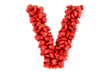 Poster - Letter V from red hearts, 3D rendering