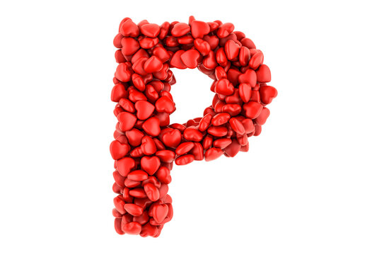 Letter P from red hearts, 3D rendering
