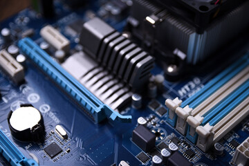 Poster - Computer motherboard and electronical components cpu gpu memory and different sockets for video card close up