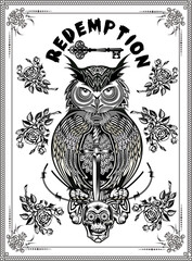 Wall Mural - Tattoo owl and Key