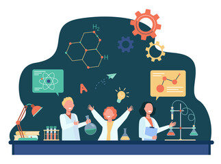 Wall Mural - Cheerful kids learning in chemistry class flat vector illustration. Cartoon children in school science laboratory doing experiment. Education and knowledge concept