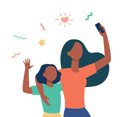 Poster - Mom and little daughter taking selfie together. Using smartphone for video call, waving hello flat vector illustration. Motherhood, communication concept for banner, website design or landing web page