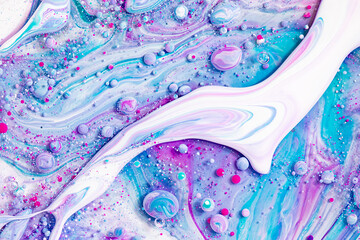 Wall Mural - Fluid art texture. Backdrop with abstract iridescent paint effect. Liquid acrylic artwork that flowing bubbles. Mixed paints for website background. Aquamarine, purple and white overflowing colors