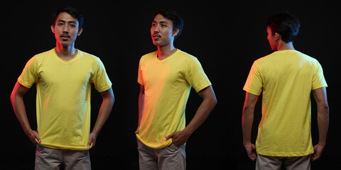 Young male in blank yellow T-shirt, front and back view, isolated black background. Design men tshirt template and mockup for print