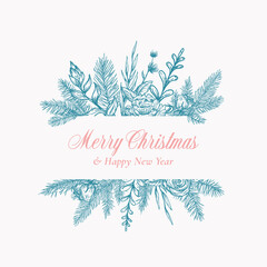 Wall Mural - Merry Christmas Abstract Botanical Logo or Card with Frame Banner and Modern Typography. Hand Drawn Spruce or Pine Branches and Flowers. Pastel Colors Greeting Layout.