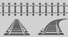 Train Track, Straight And Turn Railway In Top And Perspective View. Vector Realistic Set Of Tram Line, Road For Locomotive And Wagons With Rails, Fastening And Concrete Ties